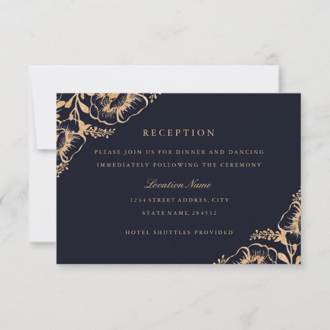 Vintage Gold Navy Floral Wedding Reception Invitation (Front)