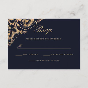 Vintage Gold Navy Floral Wedding RSVP Card