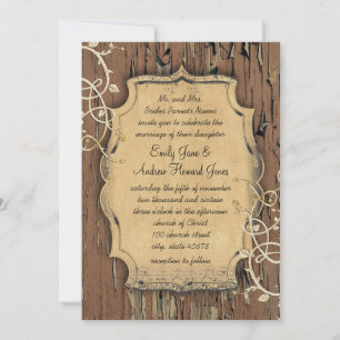 Vintage Gold Old Barn Wood Vine Swirl Wedding Invitation