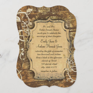 Vintage Gold Old Barn Wood Vine Swirl Wedding Invitation