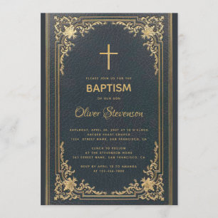 Vintage Gold on Navy Blue Elegant Boy Baptism Invitation