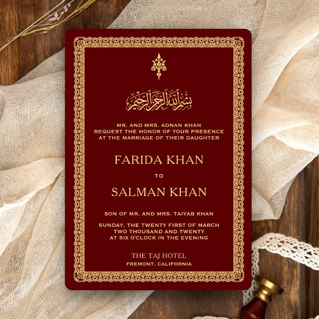 Vintage Gold Ornate Border Maroon Islamic Wedding Invitation (Creator Uploaded)