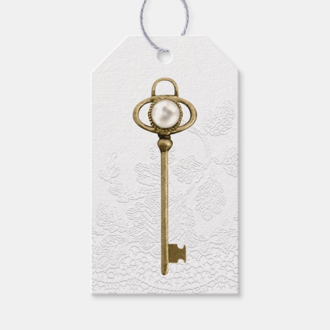 Vintage Gold Pearl Key Gift Tags (Front)