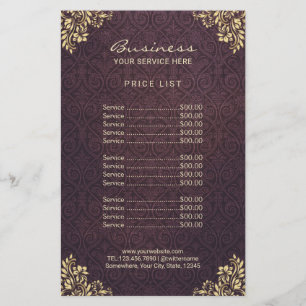 Vintage Gold Purple Damask Beauty Salon Price List Flyer