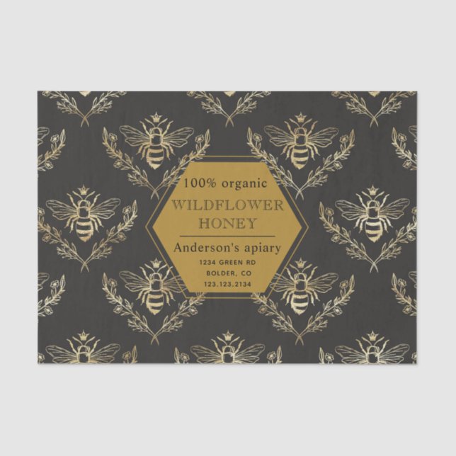 Vintage Gold Queen Bee Apiary Monogram Tissue Paper (Front)