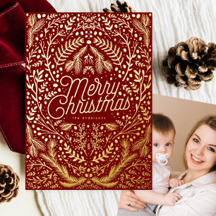 Vintage Gold Red Botanical Merry Christmas Photo Foil Holiday Card