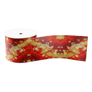 Vintage Gold Red Japanese Kimono Floral Flower Grosgrain Ribbon