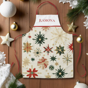 Vintage Gold & Red Snowflakes Personalised Apron