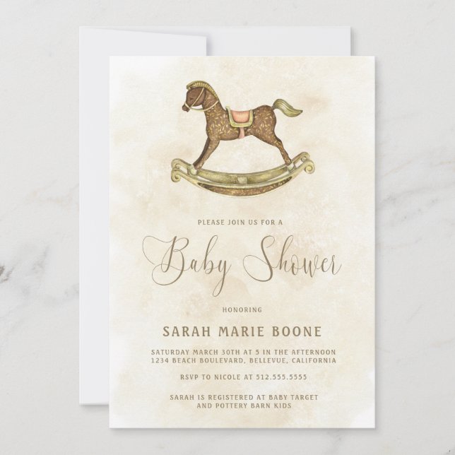 Vintage Gold Rocking Horse Baby Shower Invitation (Front)
