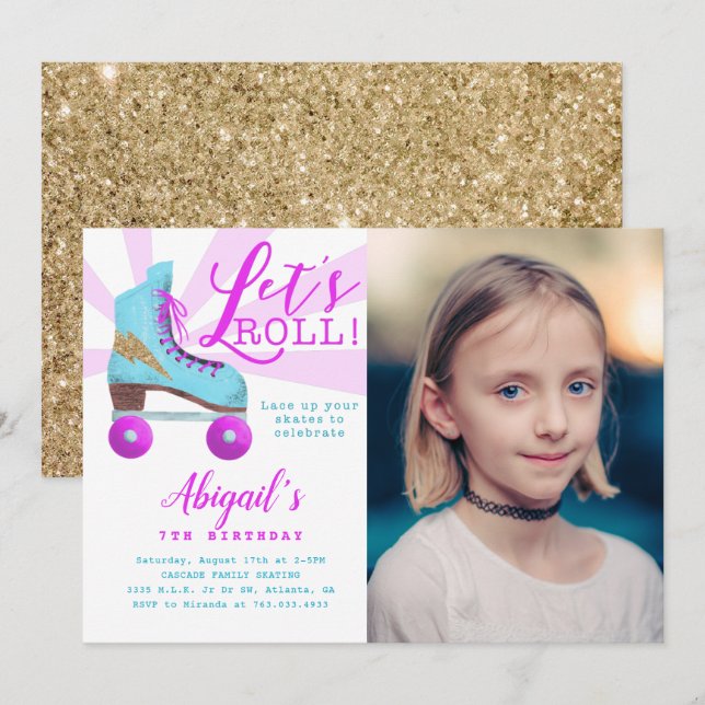 Vintage Gold Roller Skating Birthday Party Photo Invitation (Front/Back)
