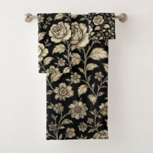 Vintage Gold Rose Floral Pattern on Black Bath Towel Set