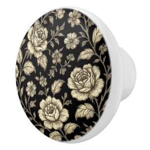 Vintage Gold Rose Floral Pattern on Black Ceramic Knob
