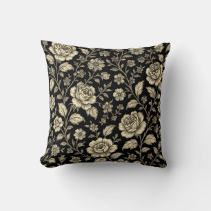 Vintage Gold Rose Floral Pattern on Black Cushion