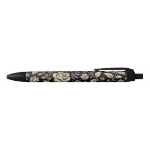 Vintage Gold Rose Floral Pattern on Black Ink Pen