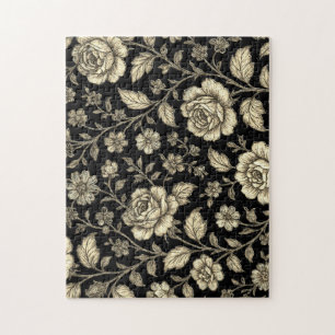 Vintage Gold Rose Floral Pattern on Black Jigsaw Puzzle
