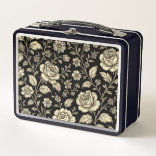 Vintage Gold Rose Floral Pattern on Black Metal Lunch Box
