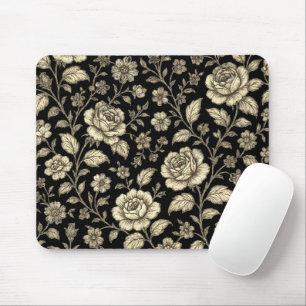 Vintage Gold Rose Floral Pattern on Black Mouse Mat