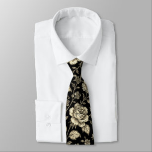 Vintage Gold Rose Floral Pattern on Black Tie