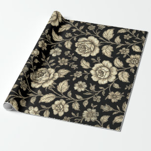 Vintage Gold Rose Floral Pattern on Black Wrapping Paper