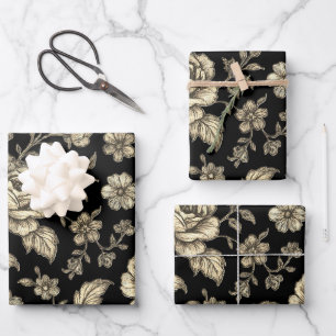 Vintage Gold Rose Floral Pattern on Black Wrapping Paper Sheet