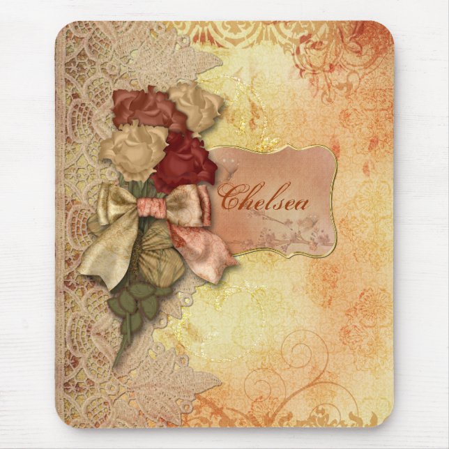 Vintage Gold Roses and Lace Personalised Mousepad (Front)