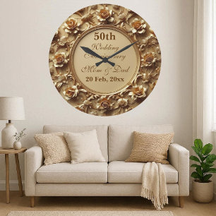 Vintage Gold Roses Mum Dad 50 Wedding Anniversary Large Clock
