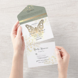 Vintage Gold Sage Green Wedding All In One Invitation