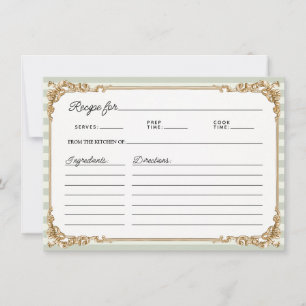 Vintage Gold Sage stripe Bridal Shower Recipe Card
