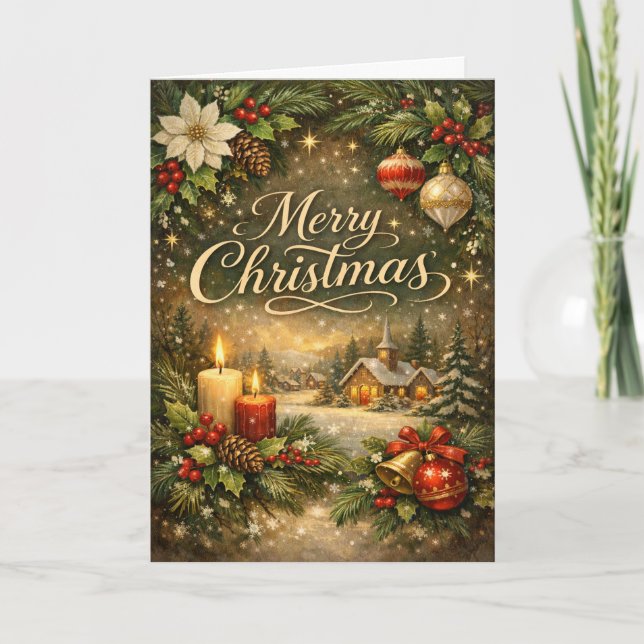Vintage Gold Script Winter Merry Christmas Holiday Card (Front)