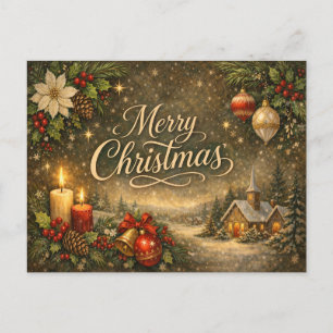 Vintage Gold Script Winter Merry Christmas  Holiday Postcard