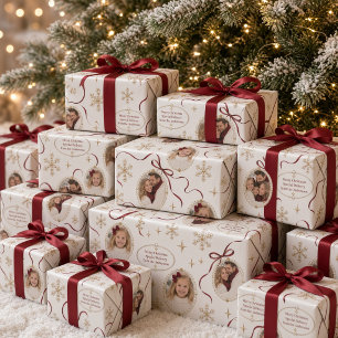 Vintage Gold Snowflake Ribbon Photo Collage Wrapping Paper