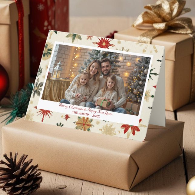 Vintage Gold Snowflakes Christmas photo folded Holiday Card (Vintage Gold Snowflakes Christmas photo folded Holiday Card)