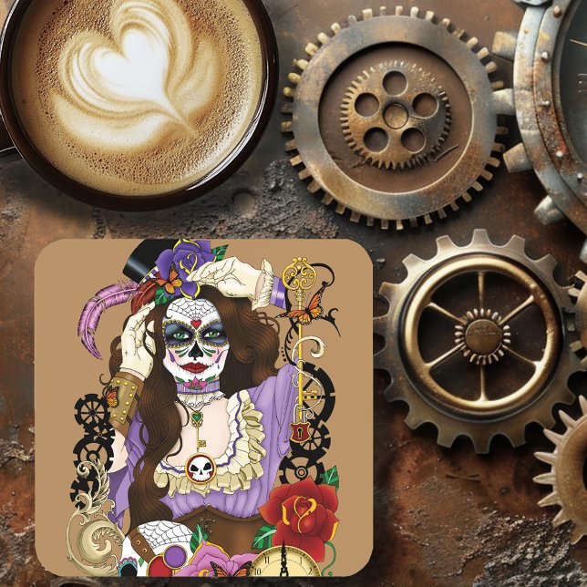Vintage Gold Steampunk Sugar Skull Purple Coaster (Creator Uploaded)