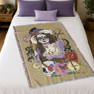 Vintage Gold Steampunk Sugar Skull Purple Throw Blanket