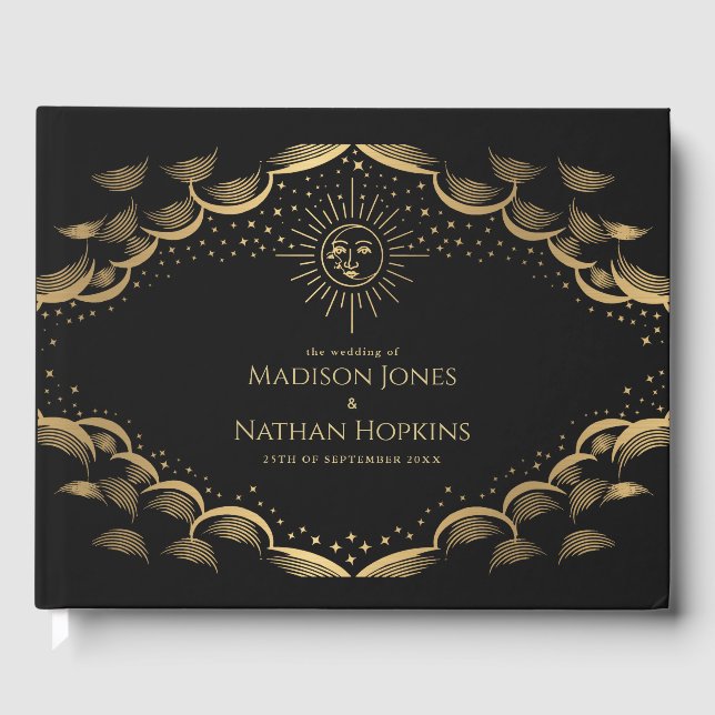 Vintage Gold Sun and Moon Tarot Card Wedding Guest Book (Front)