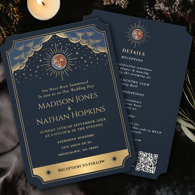 Vintage Gold Sun Moon Tarot Wedding QR Code Invitation (Creator Uploaded)