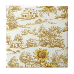 Vintage Gold Sunflower Botanical Toile Pattern Tile