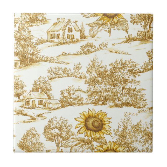 Vintage Gold Sunflower Botanical Toile Pattern Tile (Front)