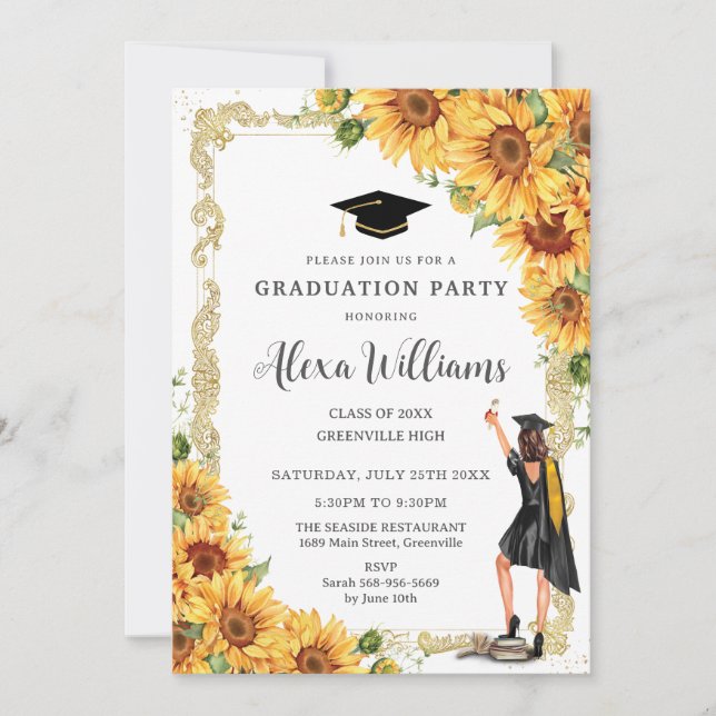 Vintage Gold Sunflower Graduation Brunette Girl Invitation (Front)