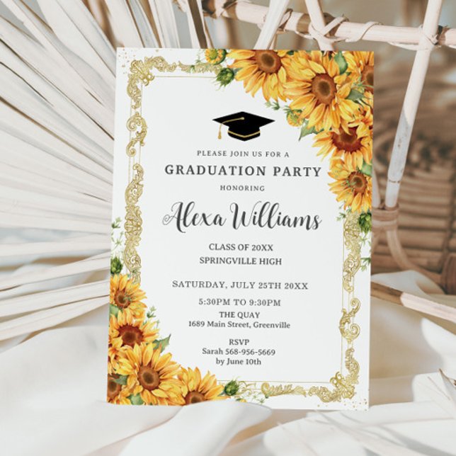 Vintage Gold Sunflower Yellow Floral Graduation Invitation (Creator Uploaded)