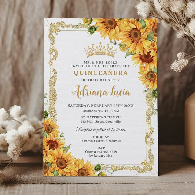 Vintage Gold Sunflower Yellow Floral Quinceañera Invitation (Creator Uploaded)