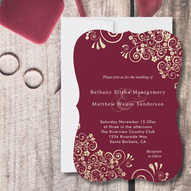 Vintage Gold Swirls On Burgundy Stylish Wedding Invitation (Creator Uploaded)