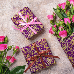 Vintage Gold Swirls Pattern Chic Purple Aubergine Wrapping Paper