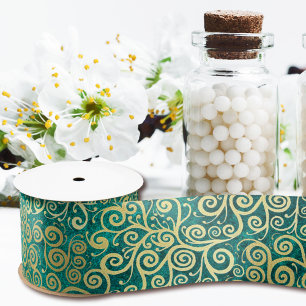 Vintage Gold Swirls Pattern Luxury Boho Jade Green Satin Ribbon