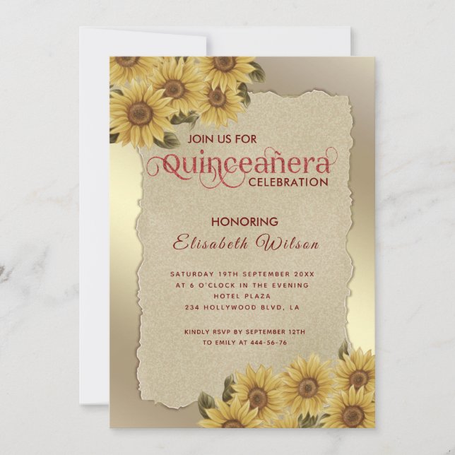 Vintage gold torn paper sunflower Quinceañera  Invitation (Front)