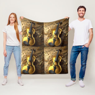 Vintage Gold Violin On Gold Musical Cords, Fleece Blanket