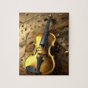 Vintage Gold Violin On Gold Musical Cords, Jigsaw Puzzle
