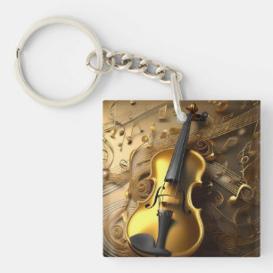 Vintage Gold Violin On Gold Musical Cords, Key Ring