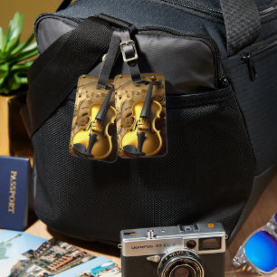 Vintage Gold Violin On Gold Musical Cords, Luggage Tag
