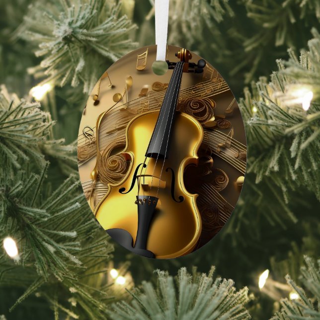 Vintage Gold Violin On Gold Musical Cords, Metal Tree Decoration (Insitu)